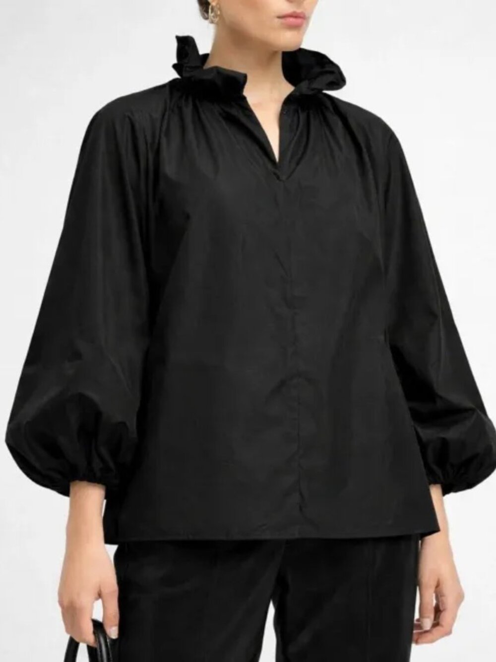 Akris Punto Black Taffeta Ruffle-Collar Blouse